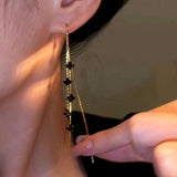 14k Gold-Plated Black Zircon Crystal Long Threader Tassel Earrings