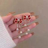 Silver Post Pearl Bow Tassel Earrings