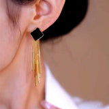 14K Gold-Plated Black And White Rhombus Long Earrings