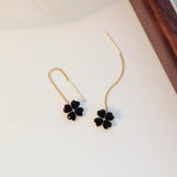 14K Gold-Plated Black Four-Leaf Clover Tassel Threader Earrings