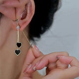 14K Gold-Plated Black Heart Tassel Threader Earrings