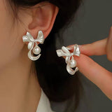 14K Gold-Plated Bow And Pearl Stud Earrings