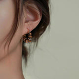 14K Gold-Plated Brown Resin Tiger Eye Stone Water Drop Hoop Earrings