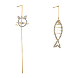 14K Gold-Plated Cat And Fish Asymmetric Earrings