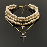 14K Gold-Plated Cross Rhinestone Pearl Choker