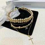 14K Gold-Plated Cross Rhinestone Pearl Choker