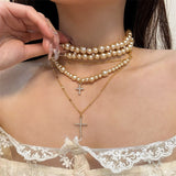 14K Gold-Plated Cross Rhinestone Pearl Choker