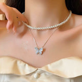 14K Gold-Plated Double-Layer Crystal Butterfly Pearl Necklaces