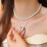 14K Gold-Plated Double-Layer Crystal Butterfly Pearl Necklaces