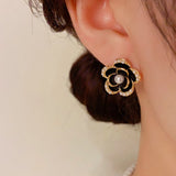 14K Gold-Plated Elegant Black Camellia Stud Earrings