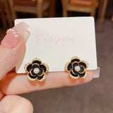 14K Gold-Plated Elegant Black Camellia Stud Earrings