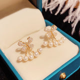 14K Gold-Plated Elegant Bow And Pearl Earrings