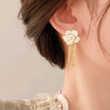 14K Gold-Plated Elegant Camellia Pearl Tassel Earrings