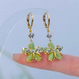 14K Gold-Plated Elegant Cat Eye Green Flower Earrings