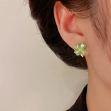 14K Gold-Plated Elegant Cat's Eye Green Flower Stud Earrings