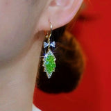 14K Gold-Plated Elegant Green Crystal Leaf Earrings