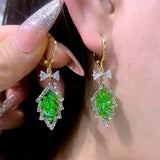 14K Gold-Plated Elegant Green Crystal Leaf Earrings