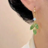 14K Gold-Plated Elegant Green Diamond Leaf Earrings