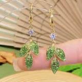 14K Gold-Plated Elegant Green Diamond Leaf Earrings