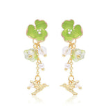 14K Gold-Plated Elegant Green Flower And Bird Earrings