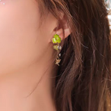 14K Gold-Plated Elegant Green Flower And Bird Earrings