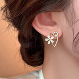 14K Gold-Plated Elegant Heart-Design Flower Stud Earrings