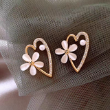 14K Gold-Plated Elegant Heart-Design Flower Stud Earrings