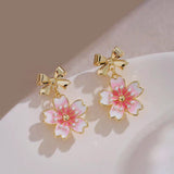 14K Gold-Plated Elegant Pink Cherry Blossom Bow Earrings