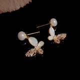 14K Gold-Plated Elegant Zircon Butterfly Pearl Earrings