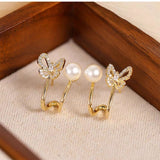 14K Gold-Plated Elegant Zircon Butterfly Pearl Stud Earrings