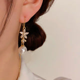 14K Gold-Plated Elegant Zircon Flower Pearl Threader Earrings