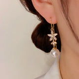 14K Gold-Plated Elegant Zircon Flower Pearl Threader Earrings