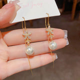 14K Gold-Plated Elegant Zircon Flower Pearl Threader Earrings