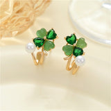 14K Gold-Plated Elegant Zircon Green Opal Four-Leaf Flower Studs