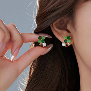 14K Gold-Plated Elegant Zircon Green Opal Four-Leaf Flower Studs