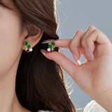 14K Gold-Plated Elegant Zircon Green Opal Four-Leaf Flower Studs