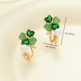 14K Gold-Plated Elegant Zircon Green Opal Four-Leaf Flower Studs