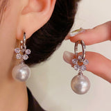 14K Gold-Plated Elegant Zircon Pearl Flower Earrings