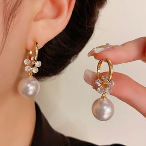 14K Gold-Plated Elegant Zircon Pearl Flower Earrings