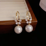 14K Gold-Plated Elegant Zircon Pearl Flower Earrings