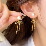 14K Gold-Plated Exquisite Pearl And Bow Earrings