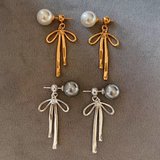 14K Gold-Plated Exquisite Pearl And Bow Earrings