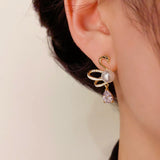 14K Gold-Plated Hollow Zircon Pearl Swan Earrings