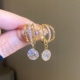 14K Gold-Plated Hollow Zircon Three-Layer Earrings