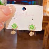 14K Gold-Plated Niche Design Pink And Green Flower Earrings