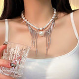 14K Gold-Plated Studded Statement Pearl Tassel Necklaces