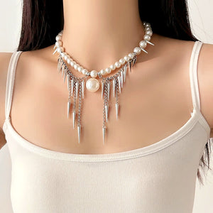 14K Gold-Plated Studded Statement Pearl Tassel Necklaces