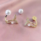 14K Gold-Plated Zircon Artificial Pearl Fishtail Earrings