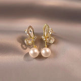 14K Gold-Plated Zircon Butterfly Pearl Earrings