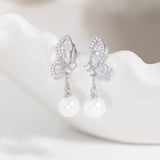 14K Gold-Plated Zircon Butterfly Pearl Earrings